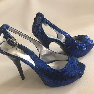 Guess blue sequin sexy high heel shoes, size 6